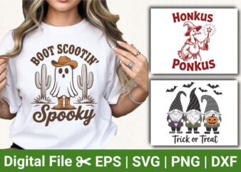 Halloween t-shirt designs - boot scootin' spooky ghost, honkus ponkus witch, trick or treat gnomes