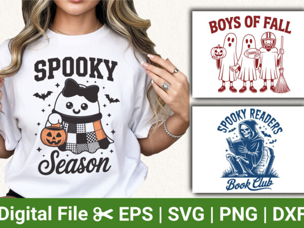 Halloween t-shirt designs – spooky season ghost, boys of fall ghost, spooky readers book club skeleton
