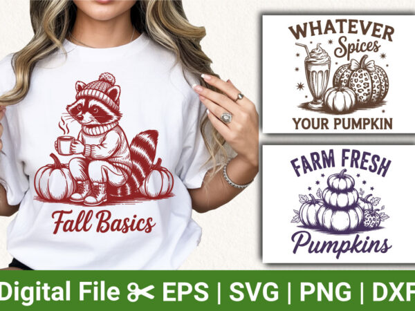 Fall basics raccoon pumpkin spice farm fresh pumpkins t-shirt, autumn cozy raccoon graphic, pumpkin patch apparel