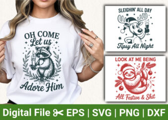 Funny Christmas T-Shirt Designs, Raccoon Adore Him Holiday Shirt, Tipsy Reindeer Tee, Sleighin’ All Day Shirt, Festive Sloth Christmas Appar