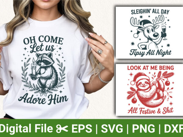 Funny christmas t-shirt designs, raccoon adore him holiday shirt, tipsy reindeer tee, sleighin’ all day shirt, festive sloth christmas appar
