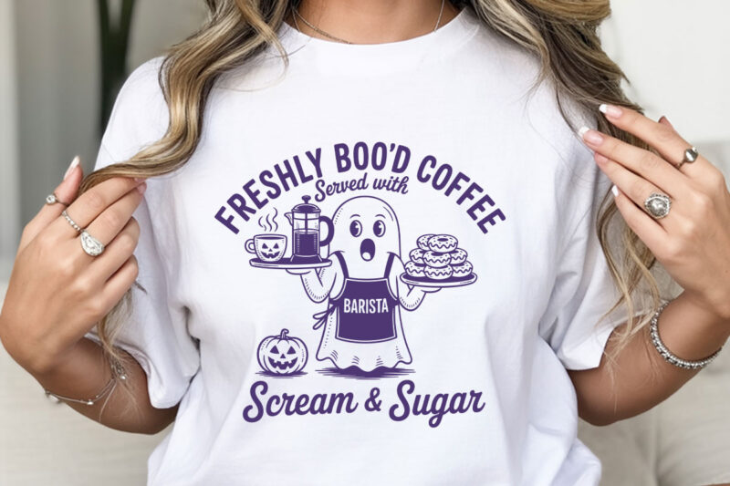 Halloween T-Shirt Designs – Boo’d Coffee Ghost Barista, Holy Ghost, Waiting for Halloween Skeleton