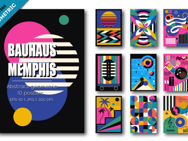 Abstract geometric bauhaus, memphis 02. 10 posters. t shirt vector