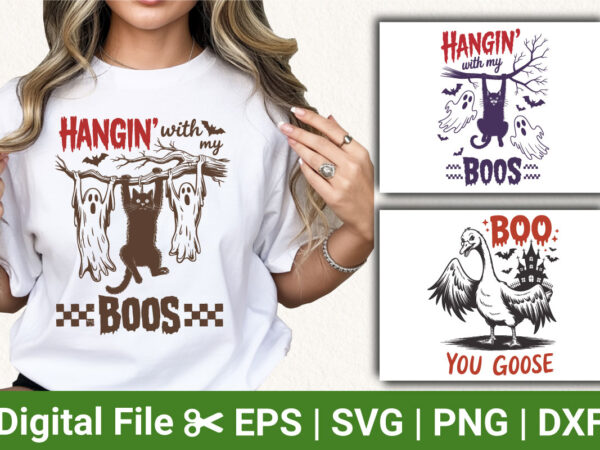Funny halloween t-shirt designs: hangin’ with my boos, boo you goose, spooky cat and ghosts – perfect for halloween lovers and animal fans