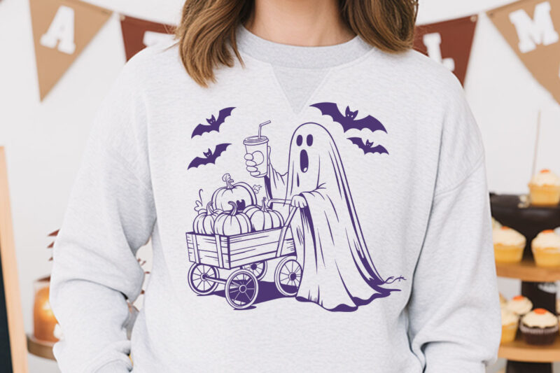 Halloween T-Shirt Designs – Creepin’ It Country Ghost, Local Witches Support, Ghost with Pumpkin Cart