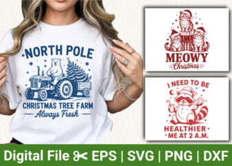 Funny Christmas T-Shirt Designs, North Pole Christmas Tree Farm Shirt, Meowy Christmas Cat Tee, Raccoon Healthier at 2 AM Holiday Apparel