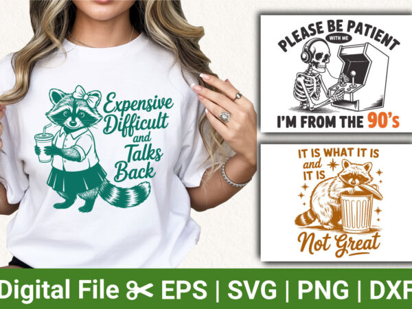 Funny raccoon and 90s themed t-shirt designs, humorous quotes, cute animal tees, vintage 90s and sarcastic apparel
