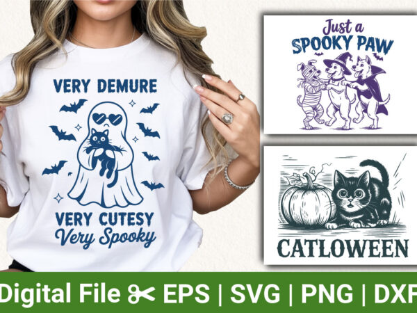 Adorable halloween t-shirt designs: very demure spooky ghost with cat, spooky paw, catloween – perfect for cat lovers and halloween enthusia