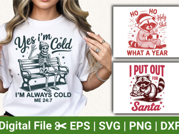 Yes i’m cold skeleton t-shirt, funny raccoon christmas design, i put out for santa shirt, ho ho holy shit graphic, holiday humor tee