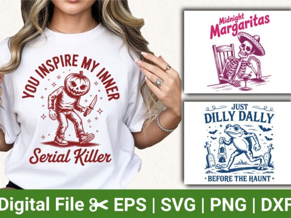 Serial killer pumpkin halloween shirt: midnight margaritas, dilly dally frog, spooky halloween tee t shirt template vector