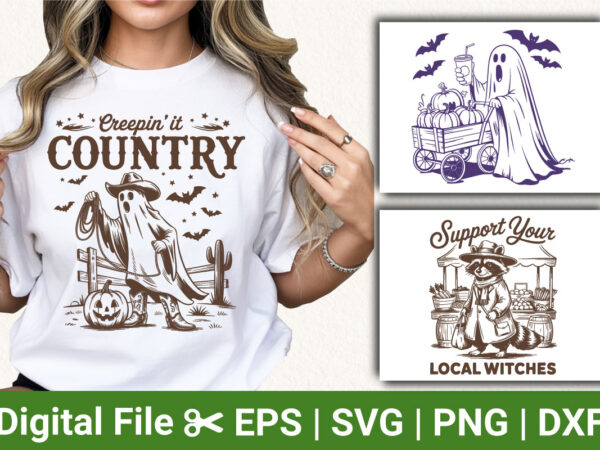 Halloween t-shirt designs – creepin’ it country ghost, local witches support, ghost with pumpkin cart