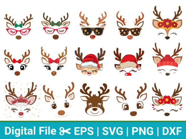 Christmas reindeer faces bundle – santa hat, glasses, bow, and floral antlers – cute holiday design set