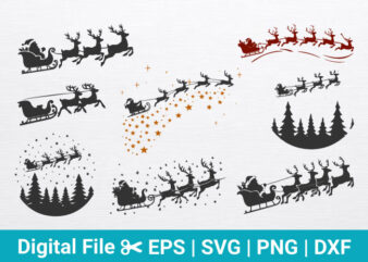 Santa Sleigh and Reindeer Designs, Christmas Sleigh Ride Graphics, Holiday T-shirt Graphic, Christmas Tree and Reindeer Graphic, Festive Sil