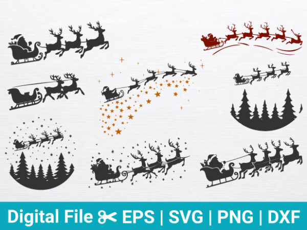 Santa sleigh and reindeer designs, christmas sleigh ride graphics, holiday t-shirt graphic, christmas tree and reindeer graphic, festive sil