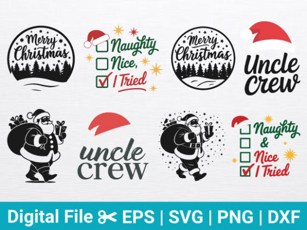 Merry christmas uncle crew design with naughty nice tried list, santa claus graphic for t-shirts and holiday apparel, perfect christmas gift