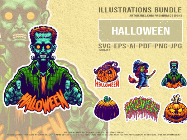 Halloween horror cartoon pack with pumpkin witch and zombie graphic t shirt Halloween horror cartoon pack with pumpkin witch and zombie graphic t shirt