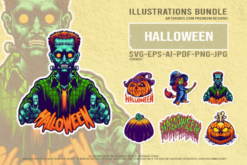Halloween Horror Cartoon Pack With Pumpkin Witch And Zombie