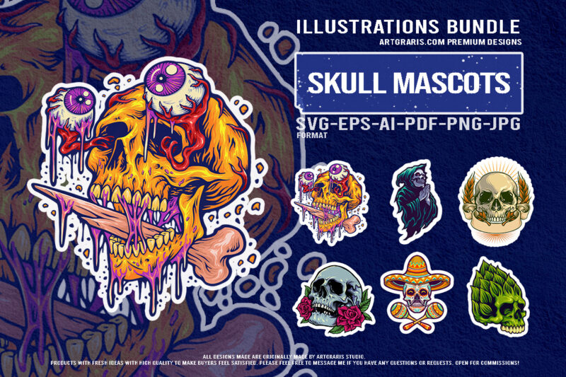 Horror skull collection with sombrero rose reaper and creepy monster head