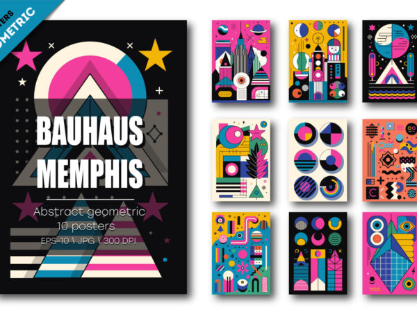 Abstract geometric bauhaus, memphis 03. 10 posters. t shirt vector