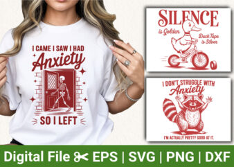 funny anxiety quote t shirt bundle, sarcastic skeleton raccoon duck humor designs, witty novelty animal illustration svg for apparel
