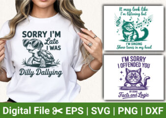 Funny Animal Quote SVG PNG Bundle | Cute Cat Turtle Humor Designs | Sarcastic Witty T‑Shirt Sublimation Graphics Pack