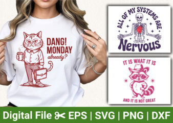 Funny Animal Quote SVG PNG Bundle | Cat Raccoon Skeleton Humor Designs | Sarcastic Witty T‑Shirt Sublimation Graphics Pack