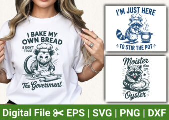Funny Raccoon Possum Kitchen SVG Bundle, Stir the Pot Quote, Bake Bread Meme, Oyster Pun Clipart, Sarcastic Animal Cooking T-Shirt Design