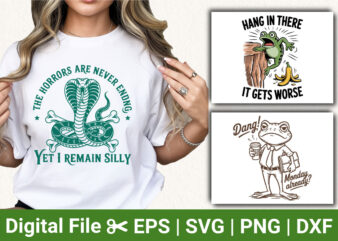 Sarcastic Snake Frog SVG Bundle, Funny Dark Humor Quotes, Hang In There Frog Clipart, Silly Cobra Saying, Monday Coffee Meme, Grumpy Animal
