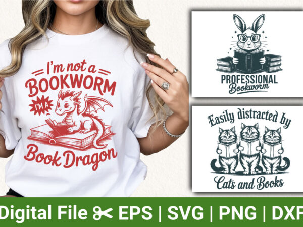 Funny reading animal bundle book dragon cat and rabbit illustration cute book lover quotes design for t shirt and print Funny reading animal bundle book dragon cat and rabbit illustration cute book lover quotes design for t shirt and print