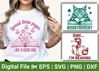 funny reading bundle cute book lover quotes floral butterfly cat and duck illustration design for t shirt print sublimation
