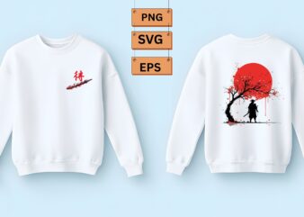 Samurai, Cherry Blossom Tree & Red Sun T-Shirt Design