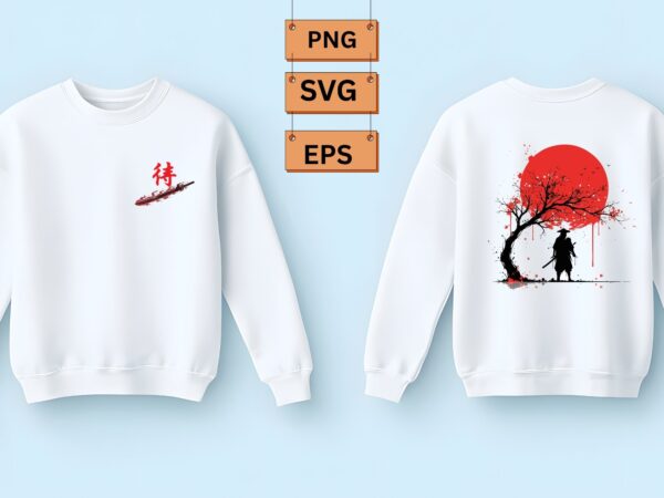 Samurai, cherry blossom tree & red sun t-shirt design Samurai, cherry blossom tree & red sun t-shirt design