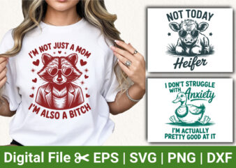 funny animal svg bundle, sarcastic quotes design, sassy mom raccoon svg, cow heifer humor clipart, anxious duck joke art, witty tshirt subli