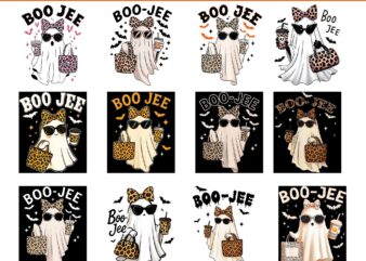 Coquette Leopard Ghost Coffee Boo JEE Halloween PNG, Boo Jee Ghost with Coffee Coquette Bow Halloween PNG, Boo Jee Leopard Print Ghost PNG