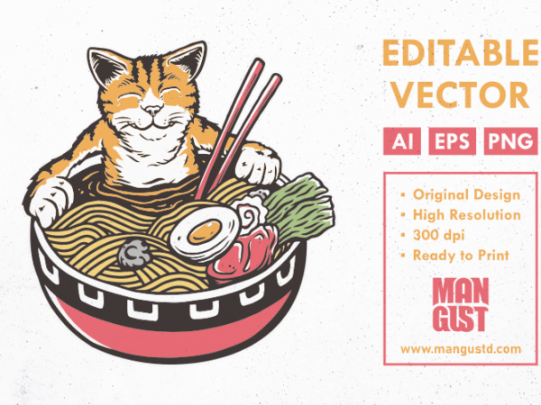 Cat in the ramen bowl t shirt vector file