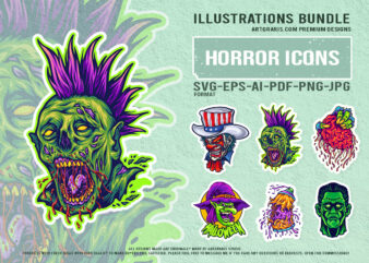Creepy punk zombie clown witch and horror creatures