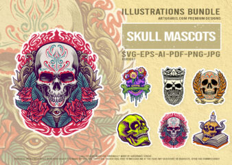 Mystic skull collection with crown flowers book fire illustrations
