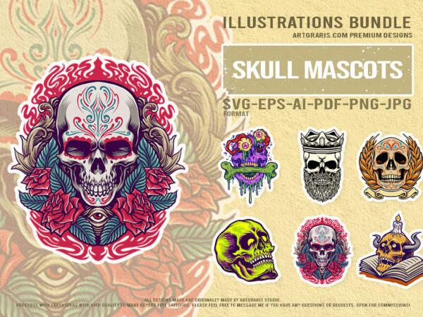 Mystic skull collection with crown flowers book fire illustrations t shirt designs for sale Mystic skull collection with crown flowers book fire illustrations t shirt designs for sale