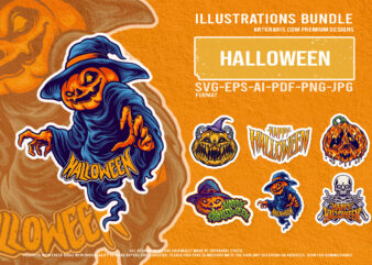 Cursed pumpkin faces and haunted skeleton halloween vector pack