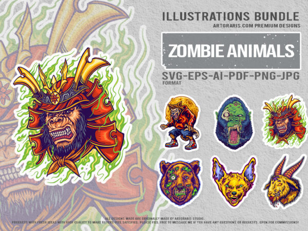 Ghastly undead creatures cartoon pack with samurai terror artwork t shirt design template Ghastly undead creatures cartoon pack with samurai terror artwork t shirt design template