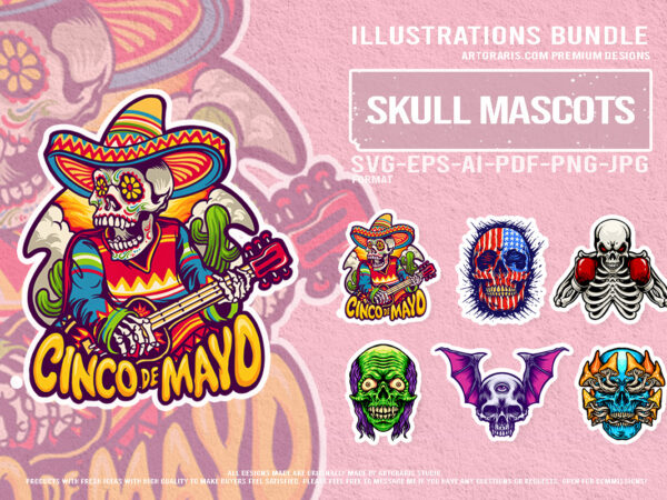 Dark fantasy skull collection with sombrero zombie wings and boxing bone t shirt vector illustration Dark fantasy skull collection with sombrero zombie wings and boxing bone t shirt vector illustration