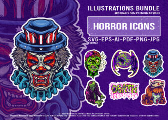 Spooky bat monster zombie nurse clown death horror artwork set