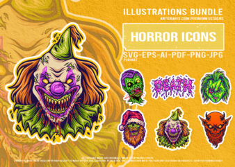Creepy demon santa zombie clown death horror illustration set