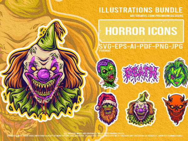 Creepy demon santa zombie clown death horror illustration set t shirt vector file