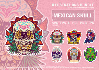 Mystical mexican skulls with flowers and alien art illustrations