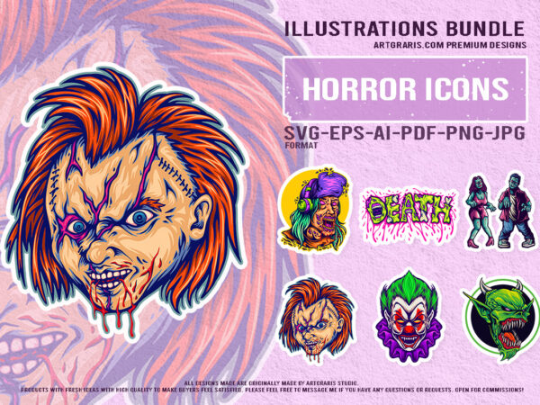 Creepy zombie clown goblin horror character collection dripping death design Creepy zombie clown goblin horror character collection dripping death design