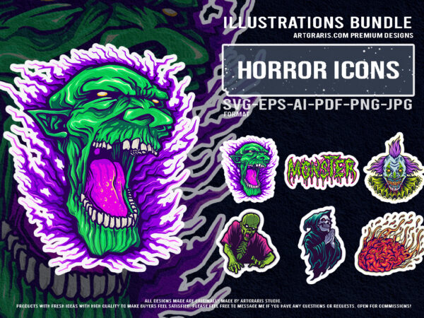 Spooky clown zombie goblin fireball grim reaper monster graphic set Spooky clown zombie goblin fireball grim reaper monster graphic set