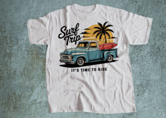 Surf trip – vintage pickup truck with surfboard, palm trees, and sunset t-shirt design