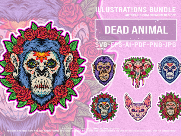 Mexican gothic animals with roses horror vector designs