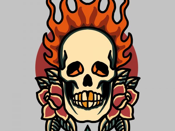 Burning skull and roses t shirt template